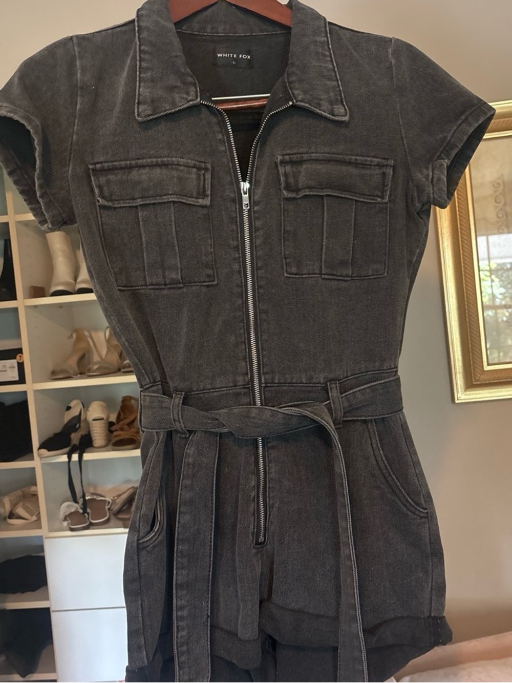 White Fox Women's Black Denim Short Jumpsuit with Belt size small